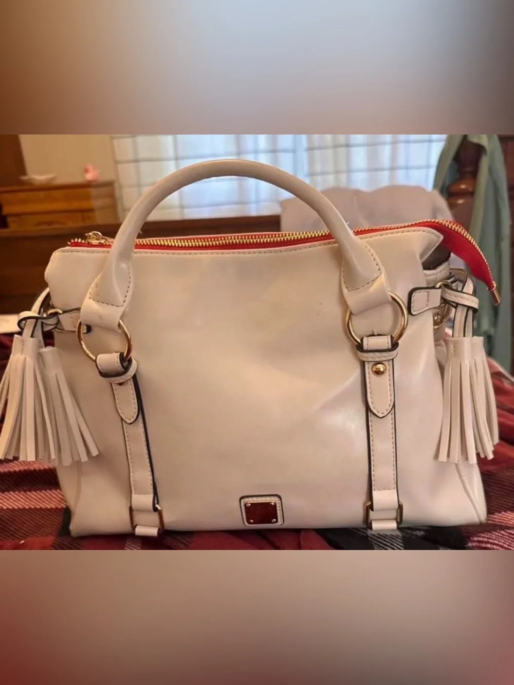 Cream Top-Handle Satchel Handbag with Tassel Accents